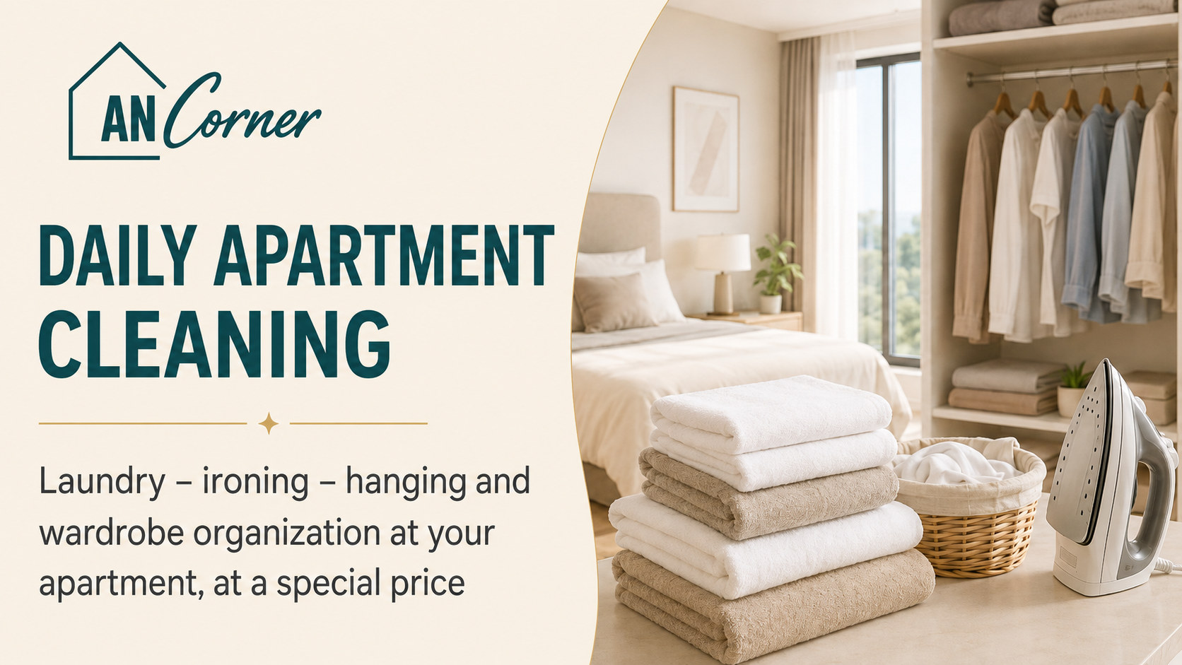 Daily apartment cleaning, laundry, ironing and wardrobe organization at a special price — An Corner